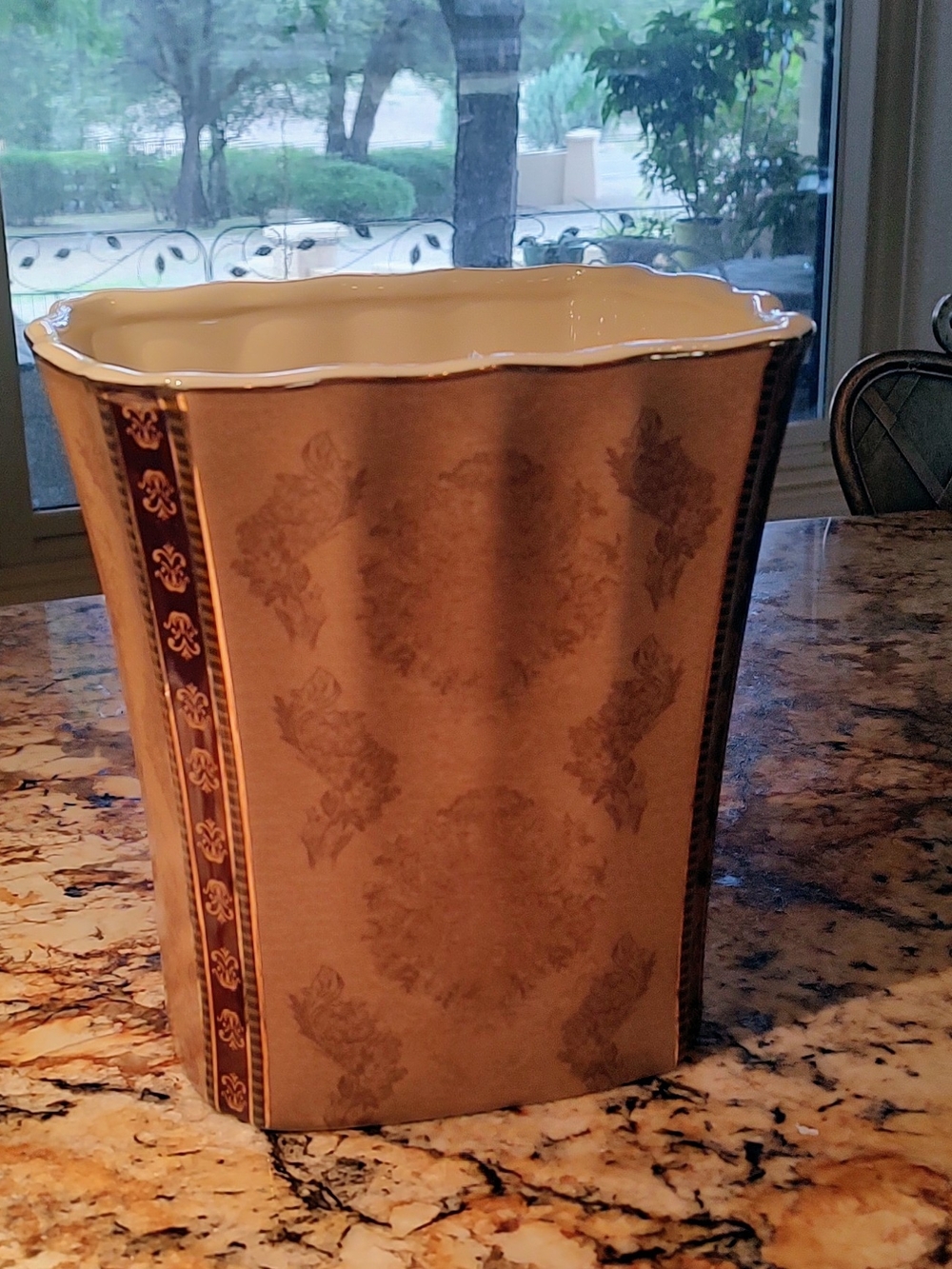 Croscill Brown, Cream and Gold Ceramic Wastebasket with Damask Trim